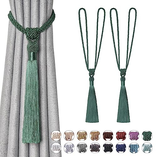Pretty Jolly Langen Quasten Vorhang-Raffhalter Handmade geflochtene Seil Knoten drapierte Raffhalter Elegante dekorative Vorhanghalter für Zuhause und Büro, Grün, 2 Stück