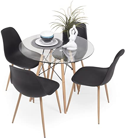 Homely – Conjunto de Comedor Tower Cairo Nordic 90 | Mesa + 4 sillas | Diseño Moderno | Comedor, Salón, Cocina, Sala | Mesa Redonda de Cristal de 90 cm | 4 sillas Color Negro