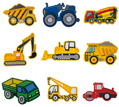 9 Stück Baufahrzeug Patch Kit, Bügelflicken für Kinder, Gestickte Applikation zum aufnähen/aufbügeln für Jacken T-Shirt Jeans Taschen und alle Kleidung (Engineering Car)