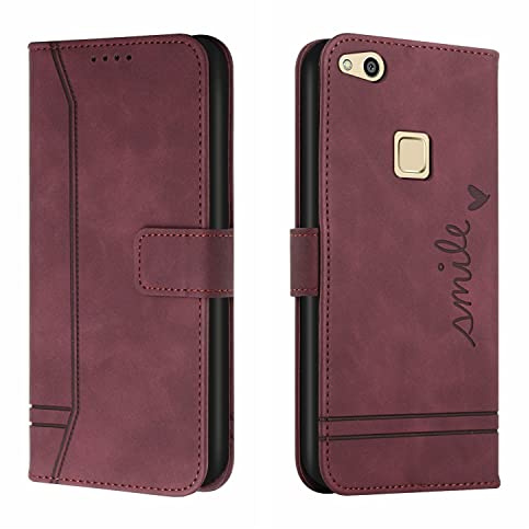 Bravoday Hülle für Huawei P10 Lite, PU Ledertasche Handyhülle Flip Schutzhülle Kompatibel mit Huawei P10 Lite, mit Kartenfäch & Kickstand, Weinrot
