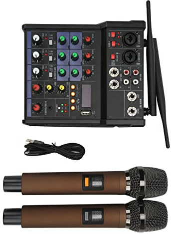 Pequeño Mezclador Estéreo Bluetooth con 2 Micrófonos Inalámbricos Mezclador de Audio de 4 Canales Procesador Estéreo Familiar Mezclador de DJ para Transmisión en Vivo
