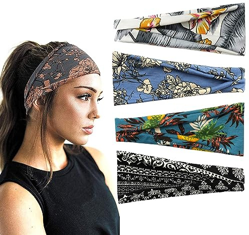 scicent Stirnband Damen Sommer 4 Stück Mode Haarbänder Boho Headband Sport Yoga Workout Gym Stirnbänder Elastische Sommer Bandana Haarreifen - 13216