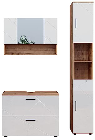 Vicco Badmöbel-Set Irma, Weiß Hochglanz/Goldkraft Eiche, 80 cm | besteht aus Waschbeckenunterschrank, Spiegelschrank und Hochschrank