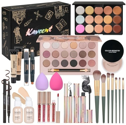 KAVCENT Kit de maquillaje para adolescentes, set de maquillaje para mujeres y adolescentes, kit completo de maquillaje con paleta de sombra de ojos, base, corrector y labial