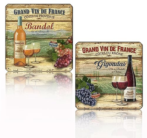 XIAOMA Lot de 2 Grand Plaque Metal Vintage avec Vin Grain de Raisin - France Affiche Publicitaire en Métallique Rétro Wine,Décoration Murale pour Maison Cafe Bar Cuisine Pub,Cadeau 30X30cm