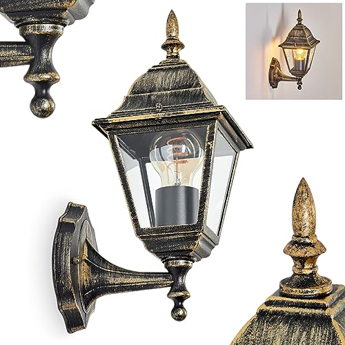 Außenwandleuchte Naofe, Wandlampe aufwärts in antikem Look aus Metall/Glas in Braun-Gold/Klar, Wandleuchte im klassischen Landhaus-Stil, Außenleuchte für Terrasse, 1 x E27, ohne Leuchtmittel, IP44