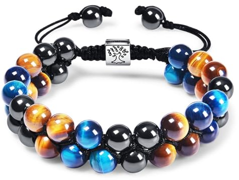 Wycian Partner Armband, Partnerarmbänder Geflochten Perlen Tigerauge Kristall Schwarz Blau Braun 2-Lagige Geflochtene Magnet-Tigerauge-Perle 30cmx8mm 1er