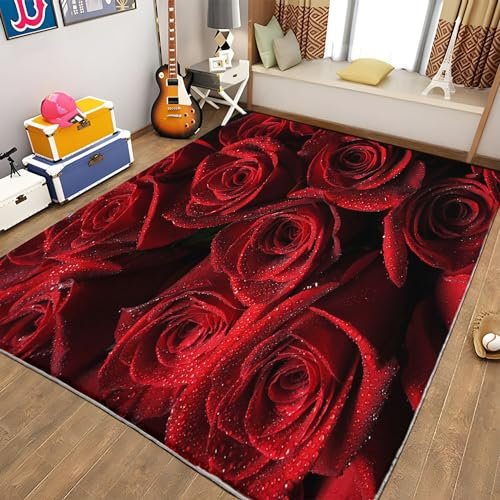 Home Waschbarer Teppich Blume Rose Rot Modern Designer Kurzflor Teppich Pflegeleichte Waschbare Teppiche für Wohnzimmer, Schlafzimmer, Esszimmer Teppich 160 x 230cm