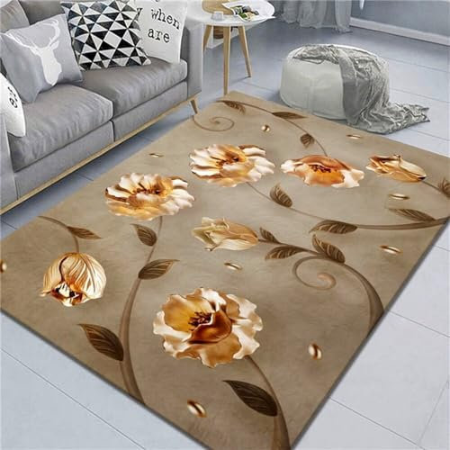 RUGMRZ Fleckerlteppich Bettvorleger Waschbar Gelbe Blume Mädchen Zimmer Teppich Modern Style Pflegeleicht Schallisolierung Teppich Designer 60X120CM