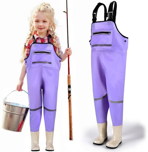 JONRRYIN Kinderwathose, Jugendliche Kinder Brust Wathose, Wathose Anglerhose kinder mit Brusttasche und Verstellbarer Riemen, Kinder Angeln Wathose Stiefel Wasserdichte Rutschfest (Lila, 29)