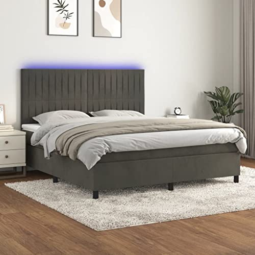 ZQQLVOO Bed Frame Lattenrost Palettenbett Bodenbett Boxspringbett mit Matratze & LED Dunkelgrau 180x200 cm Samt