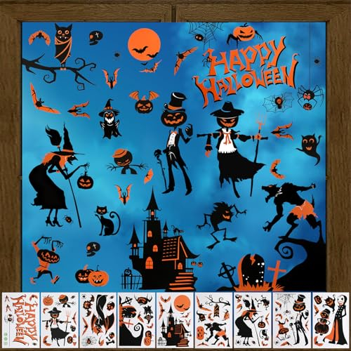 TENTHPEO Halloween Deko Fensteraufkleber Wiederverwendbar, 87 Fensterbilder Kürbis Spinnennetz Fledermaus Skelett Geister Fensterbilder für Halloween Party, Kinderzimmer, Fensterdeko