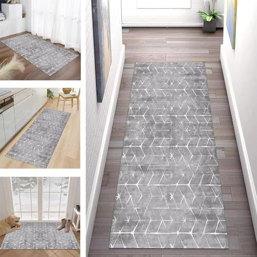 Buatisf Teppich Läufer Flur Küche, Waschbar Kücheteppich rutschfest Grau Flurläufer Lange Küchenläufer für Korridor Schlafzimmer, Modern Polyester Teppichläufer auf Maß Meterware