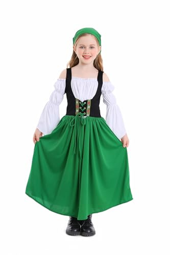 XSDZSWQY Kids Oktoberfest Beer Costumes German Bavarian Traditional Girls Oktober Fest Dirndl Long Dress for Girls Party Costumes (Green, M)