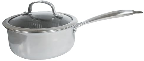 Reldor Saucepan with lid 18 cm / 2 Litre | Non Stick Saucepan for Gas, Electric Hobs, Stainless Steel Triply Honeycomb 300°C Oven Safe Induction Pot, Durable Handle, Even Heat Distribution