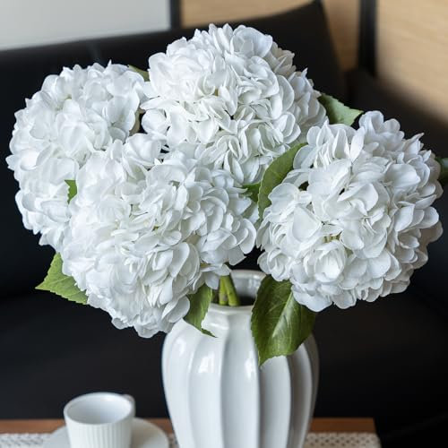 DUYONE 4 hortensias artificiales grandes realistas de 22.4 pulgadas con tallo largo, flores blancas realistas de látex de tacto real para decoración del hogar, arreglos de boda, fiesta, sala de estar,