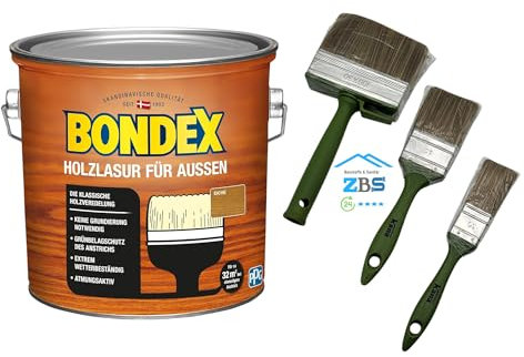 zbs24 Bondex Holzlasur für außen nussbaum 2,5 Liter, inkl. 3-teiliges Pinselset, hohe Witterungsbeständigkeit, Intensivschutz vor Nässe und UV-Strahlung