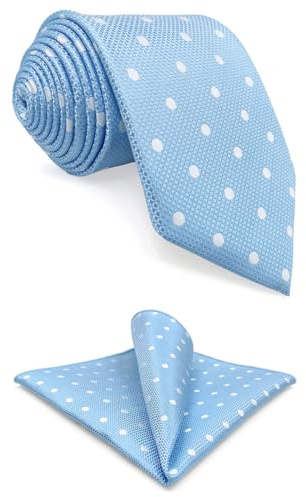 S&W SHLAX&WING Set de Corbata y Pañuelo de Bolsillo Azul Claro con Puntos Blancos para Hombre Extra Larga 160cm