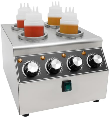 panfudongk Elektrisk såsvärmare i rostfritt stål dispenser med 4 utsläppsflaskor 800 W för buffé och gastronomibord med temperaturkontroll för ketchup majonnäs och chokladsås