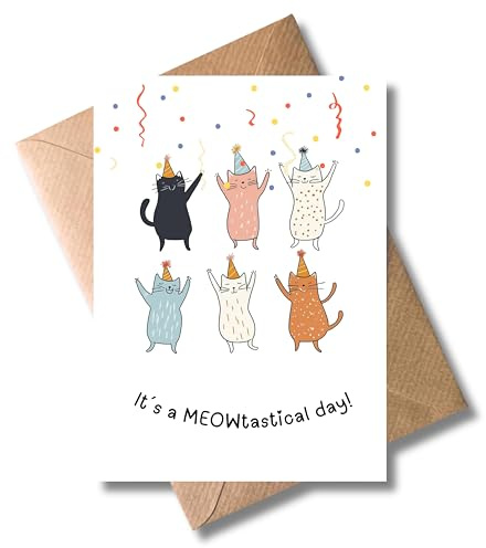 WBdesignz Grußkarte für Katzenliebhaber mit Umschlag- Meowtastical day Katzen Geburtstag Geburtstagskarte Konfetti feierlich Humor Katzenliebe Glückwunschkarte (DIN A6)