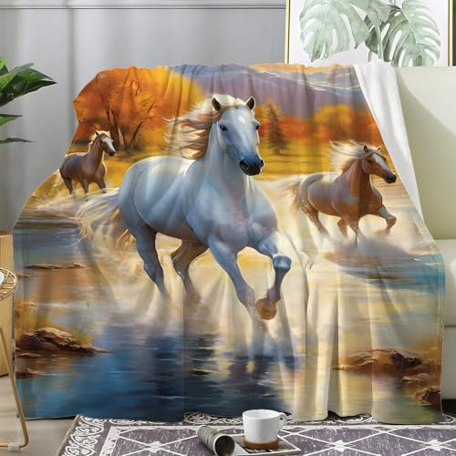 Aquarell Pferd Kuscheldecke Flauschig, Decke Fleecedecke Pferd, Weiche Warme Decke Wohndecke als Sofadecke Wolldecke Couchdecke Tagesdecke, XXL 220x240 cm S-574