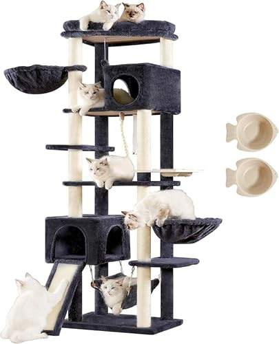 Hey-brother Kratzbaum, 180cm Indoor Katzenbaum, Mit 2 Höhlen, 2 Katzenkörben, Hängematte, Futternapf und Sisalkratzbaum mehrstöckiger Katzenkratzbaum, Rauchgrau EMPJ036G