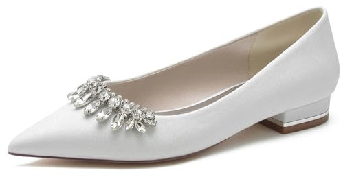 Zapatos De Novia Sin Cordones con Purpurina para Mujer Bailarinas De Tacón Bajo con Diamantes De Imitación Puntera Puntiaguda Zapatos De Fiesta De Graduación De Bodas,Blanca,40 EU