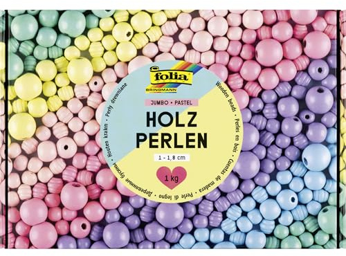 folia 22993 - Holzperlen JUMBO PASTEL, 1 kg Bastelperlen aus Holz in 6 Pastellfarben, ca. 2000 Holzkugeln mit Ø 1-1,8 cm