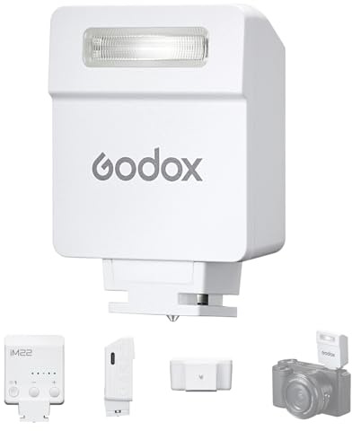 Godox iM22 Mini Kamerablitz 5 Leistungsstufen 3s Wiederaufladezeit Aufsteckblitz 440 Blitze mit voller Leistung Einkontaktdesign, Typ-C-Ladeakku für Canon, Nikon und Sony Kameras (Weiß)
