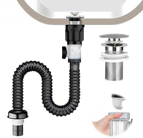 Oiieco Kitchen Sink Waste Kit, Pop Up Waste with Flexible Waste Pipe Universal Bathroom Sink Waste, Extensable 25-85cm Flexi Waste for Bath Wash Basin Kitchen Sink, Odour Proof and Leakproof