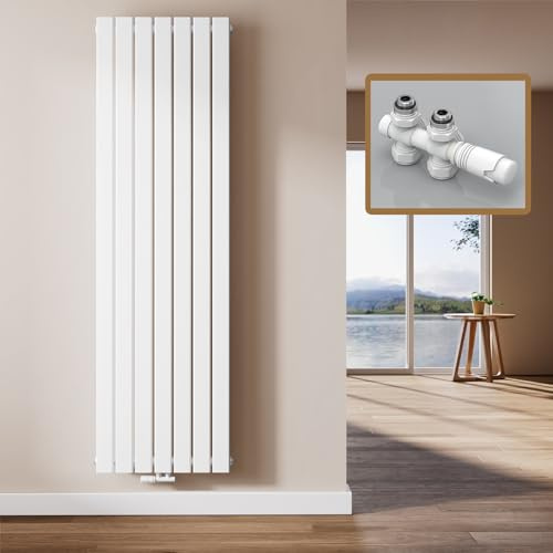 EMKE Radiatore Design Verticale, 180 x 54 cm, Radiatore Piatto da Parete in Acciaio, Pannello Singolo, Attacco Centrale, Bianco, 1107W (valvole incluse)