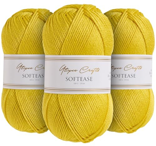 Utopia Crafts Softease - Filato per lavoro a maglia e uncinetto, 3 pezzi, 100 g (giallo agrumato)