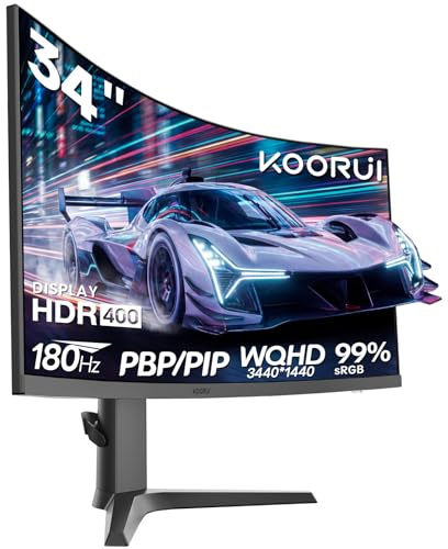 KOORUI Monitor da gioco curvo(R1000) da 34 pollici | Pannello VA WQHD 3440×1440, 180 Hz + 1 MS MPRT, HDR400 + 99% sRGB, supporta la regolazione dell'altezza di 110 mm, nero