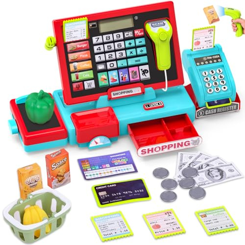 Caja Registradora Juguetes Multifuncional,Juguetes de rol de Caja registradora de supermercado, Incluye Funciones de escaneo y Sonido, JJuguete de rol Apto para Niños y Niñas a Partir de 3 Años (Rojo)