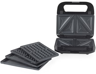 Progress 3 in 1 Snack Maker – Paninis/Toasties/Waffles, Includes Non-Stick Cooking Plates, Automatic Temperature Control, Cool-Touch Handles, Power Indicator Lights, 700W, Black | 700W, Removable Non-Stick Plates, Automatic Temperature Control, Power Indicator Lights, Cool-Touch Handles, Compact Storage