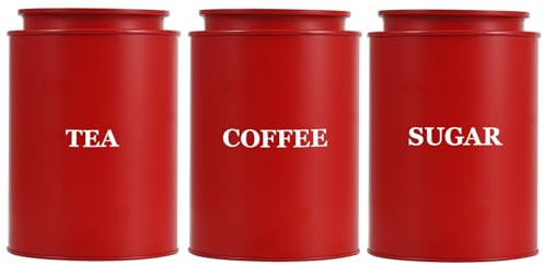 Bayseun Tea Coffee Sugar Canisters, Set of 3 Tea Coffee and Sugar Canisters for Home, Easy Open & Airtight Lids, Decorative Food Caddy, Kitchen Storage Jars, Decorative Stainless Tins (ROUND RED)