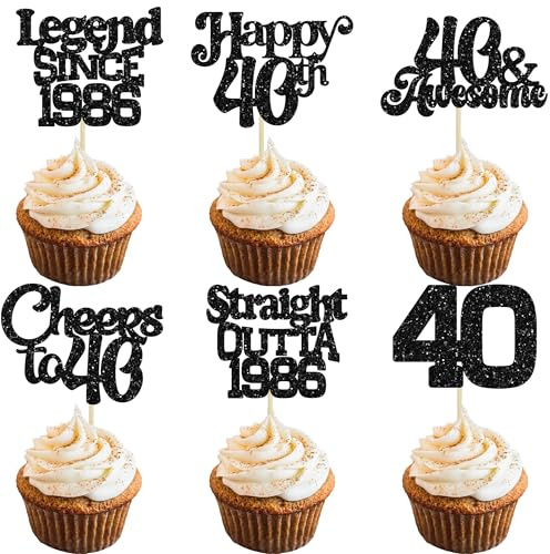 Ephlyn 30Pcs 40th Birthday Cupcake Toppers Glitter Forty Straight Outta 1986 Cupcake Picks for Cheers to 40 Years Wedding Anniversary Party Cake Decorations Black