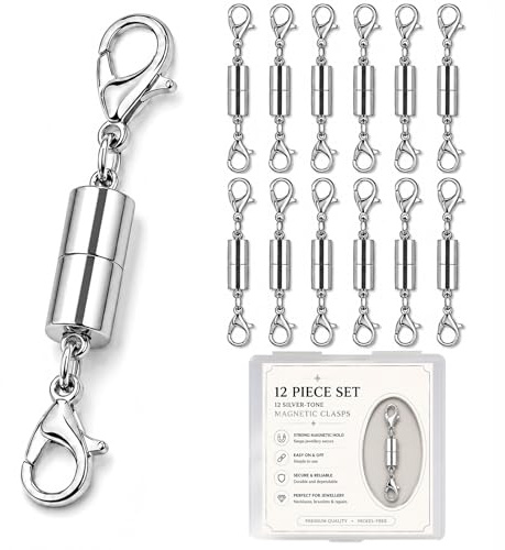 Magnetic Necklace Clasps, Pack of 12 Silver Magnetic Clasps for Necklaces | Magnetic Necklace Fasteners with Lobster Clasps for Bracelets, Chains and Jewellery Making; Easy-to-use Extender Design