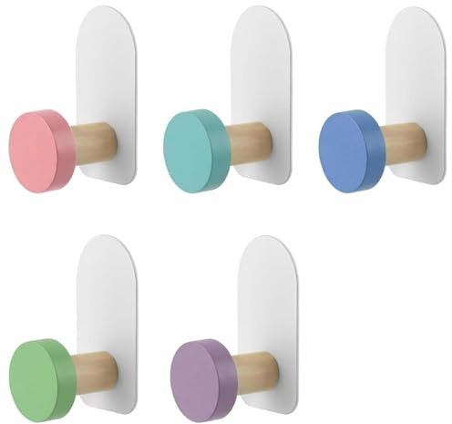Reicyfang 5pcs Self-Adhesive Kids Coat Hooks, Wooden CoatHook, Multifunctional Wooden Sticky Clothes Hook, Door Hook Wall Mounted for Backpacks,Towels,Coats and Hats, Colorful