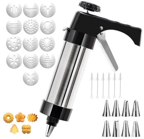 Spritz Cookie Press Gun Kit, Stainless Steel Cookie Press for Baking with 13 Cookie-Discs and 8 Coating Nozzles Cookie-Maker for Making Biscuits Baking Essentials for Home Family