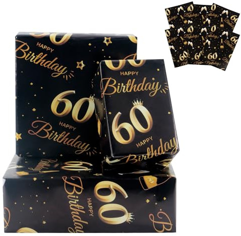 Geschenkpapier zum 60. Geburtstag, 70 x 50 cm, Schwarz und Gold, Happy Birthday Geschenkpapier, 60. Geburtstag, Geschenke, Dekorationen für Frauen und Männer, recycelbar, 60 | Schwarz und Gold 60. Geburtstag Geschenke Dekorationen für Frauen Männer Recycelbar - 60