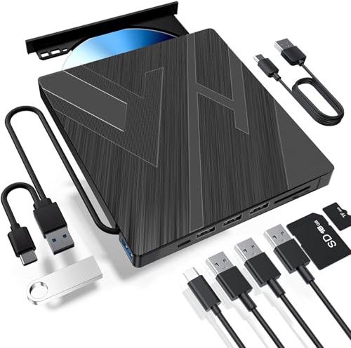 varkda Externes CD DVD Laufwerk USB 3.0 Typ-C,mit 4 USB & TF/SD Kartenslots | Tragbar CD DVD +/-RW ROM Brenner Player Optical External DVD Drive für Laptop Desktop PC MacBook iMac Windows Mac OS