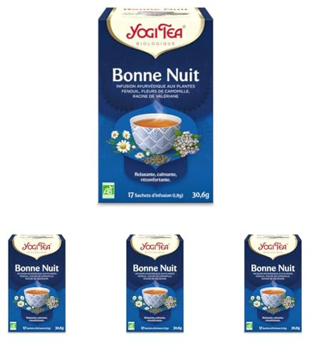 YOGI TEA – Bonne Nuit Bio – Infusion Relaxante Sans Caféine au Fenouil, Fleurs de Camomille & Racine de Valériane – Détente & Sommeil – 17 Sachets (Lot de 4)