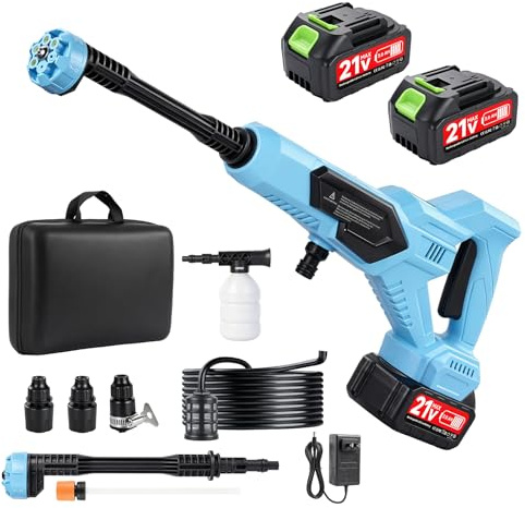Limpiador de alta presión con batería de 21 V, limpiador de alta presión portátil con boquilla multifunción 6 en 1, 2 baterías, dispositivo de alto rendimiento de 120 bares/1700 psi, manguera de 5 m
