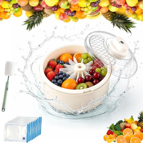 Automatic Fruit and Vegetable Spinner & Strainer, Fruit Washer and Spinner with Brush, Electric Fruits Washer Spinner Bowl, Fruits Cleaner Spinner with Non-Slip Base for Kitchen Prep (White,1)