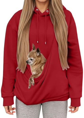 Sweat à Capuche Femme avec Grande Poche Kangourou Fonctionnelle,Pull de Transport pour Chat et Chien,Sweatshirts pour Amoureux des Animaux domestiques (Red, M)