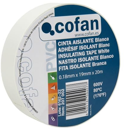 Cofan Cinta Aislante 180 Micras | Color blanco | Resistente al voltaje, al calor y a diferentes ácidos y alcalinos