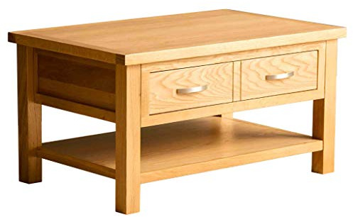 RoselandFurniture London Oak Large Coffee Table for Living Room | Storage Drawer and Shelf, Lacquered Wooden Finish, Rectangular Design, Contemporary Style, H45cm W85cm D55cm