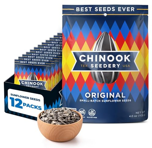 Chinook Seedery Sunflower Seeds to Eat — Jumbo, Flavored, Roasted, Low Sodium Snacks — Keto Friendly, Gluten-Free, Non-GMO — Original Flavor 4 oz (12-Pack)