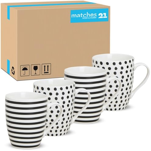 Tassen 48er Set Streifen & Punkte in schwarz weiß - Schöne Porzellan Kaffeetassen in 300ml für Tee Kaffee Cappuccino - Süße Kaffeebecher spülmaschinenfest und mikrowellengeeignet als Geschenk